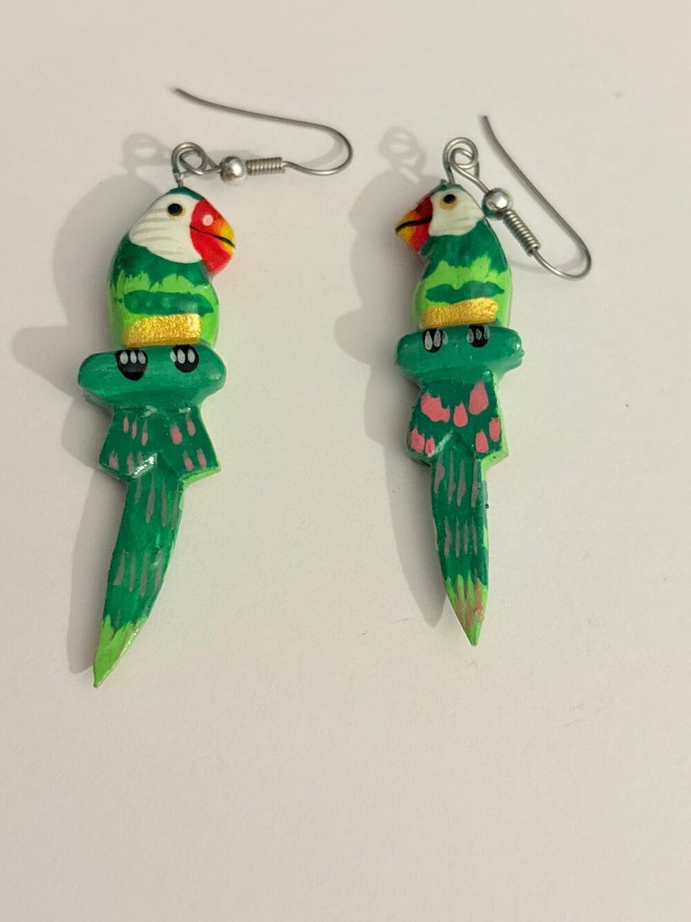 Vintage Hand Painted Wood Parrot Dangle Earrings